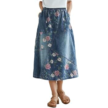 Amazon.com: Womens Floral Print Denim Skirt Knee Length
